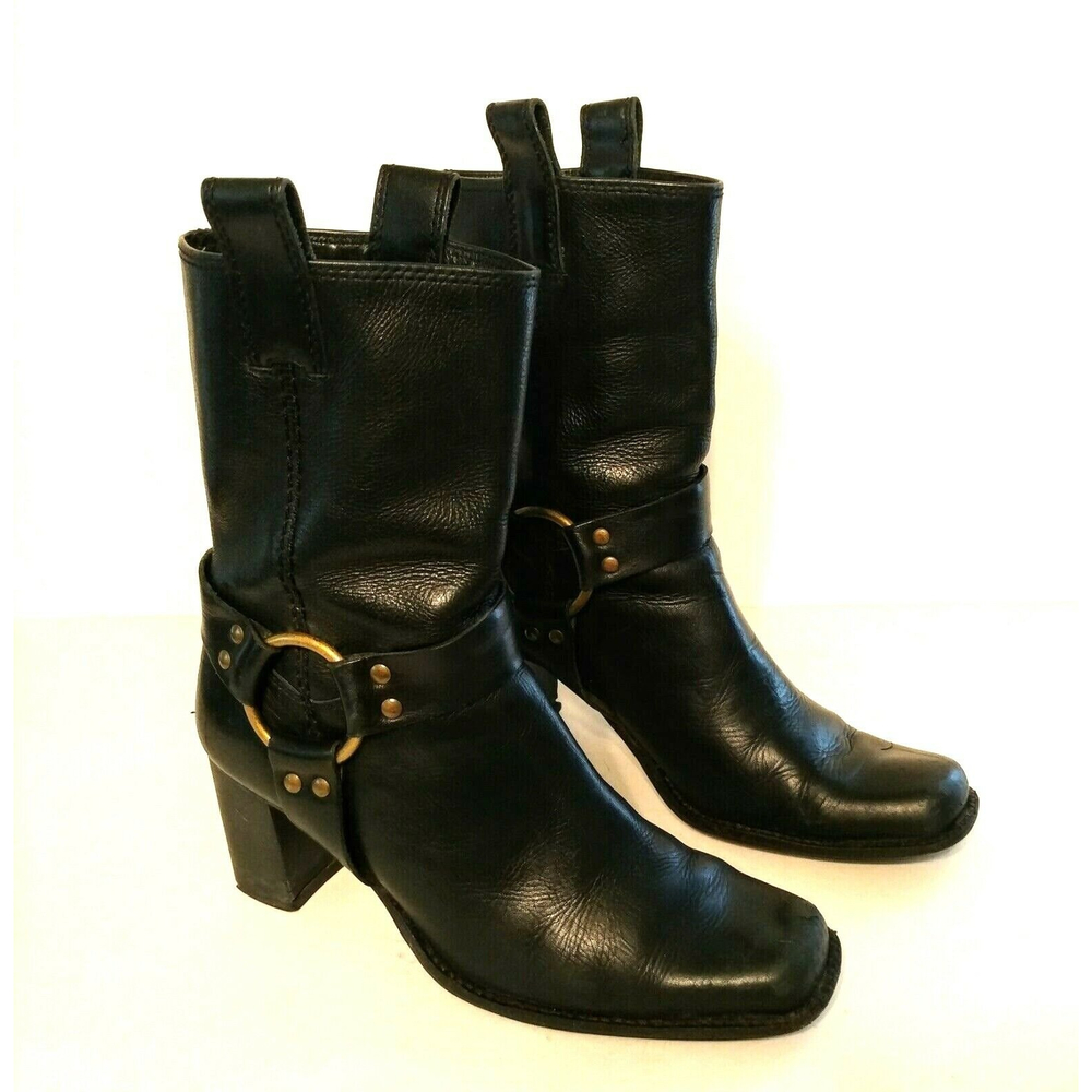 Whats What Harness Biker Boot Women's Black 6.5 Leather Brass Pull On Square Toe